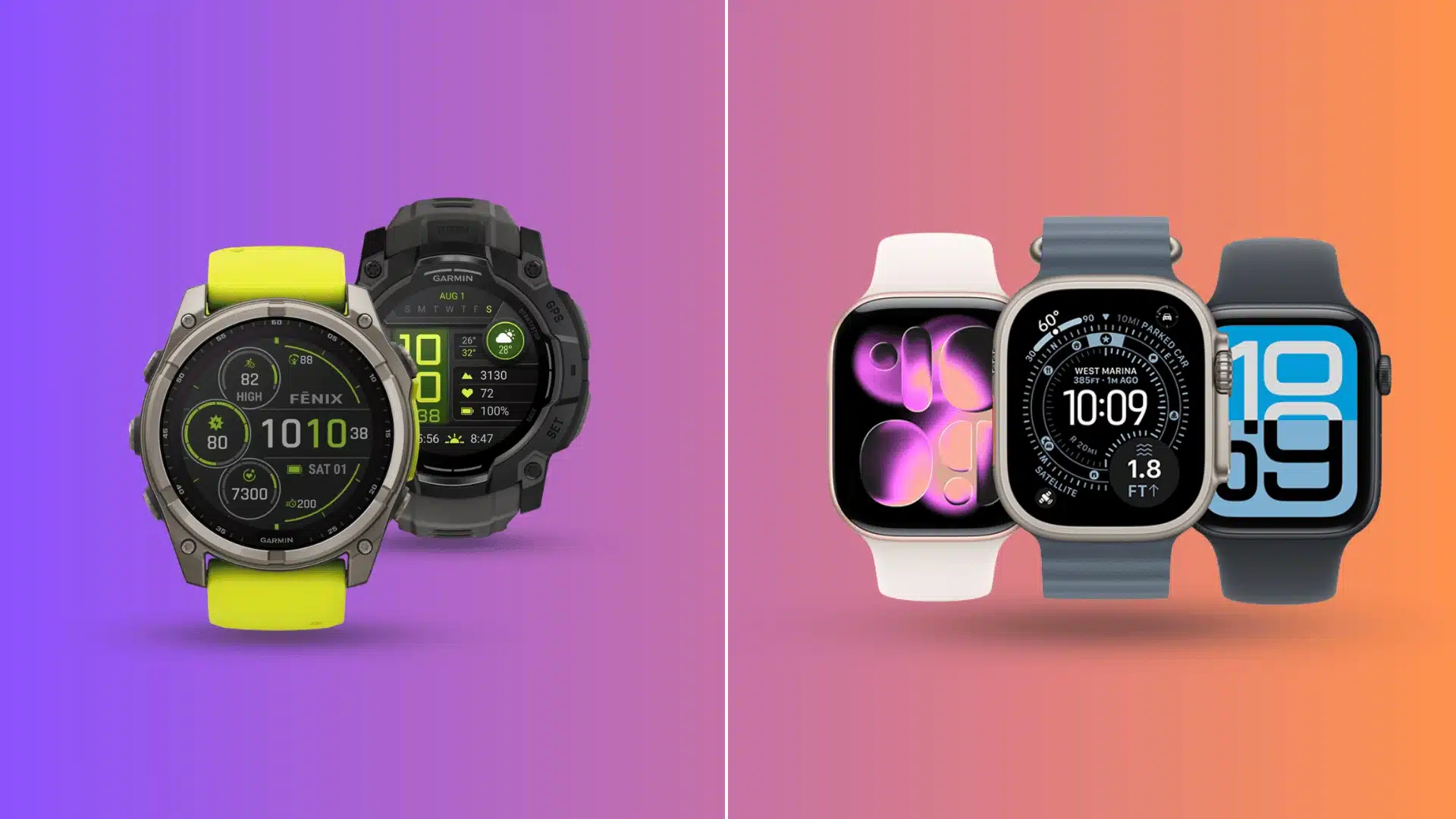 Two Garmin watches beside three Apple Watches on a split purple and orange background.