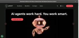 Futuristic glass-like robot on a black background with prominent text and red button on screen