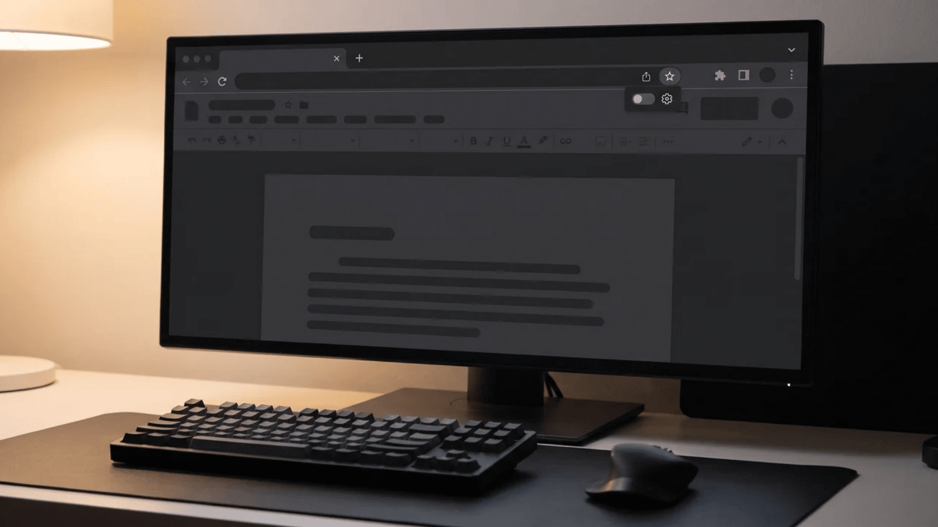 Computer monitor displaying Google Docs in dark mode on a desk next to a keyboard and mouse.