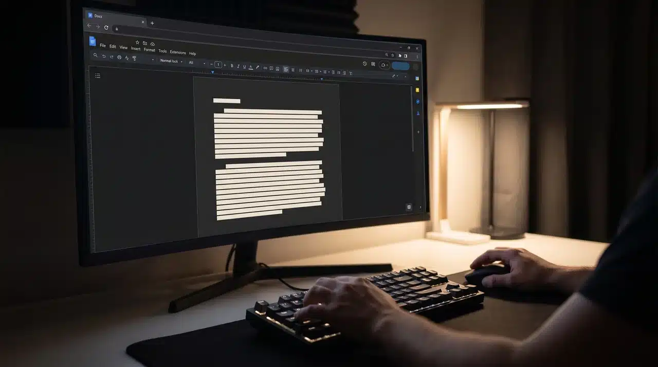 Dark-themed document editor on a desktop screen showing a low-glare writing setup