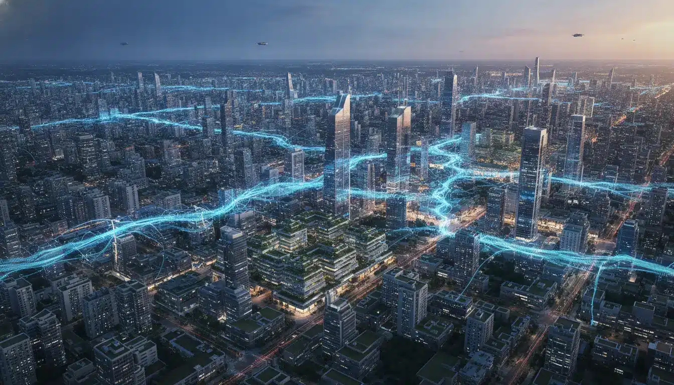 Futuristic cityscape with skyscrapers and glowing blue digital lines at dusk