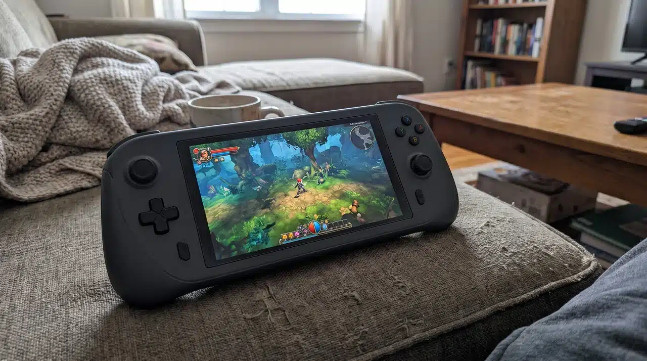 Handheld gaming device on a couch with gameplay on screen