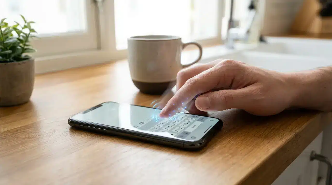 Hand typing on an iPhone keyboard with a glowing effect showing haptic feedback while typing.