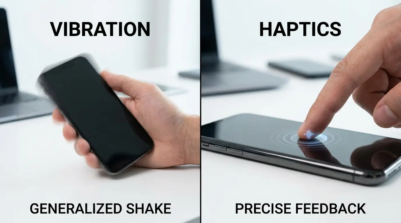 Side-by-side comparison of iPhone vibration versus precise haptic feedback on the screen.