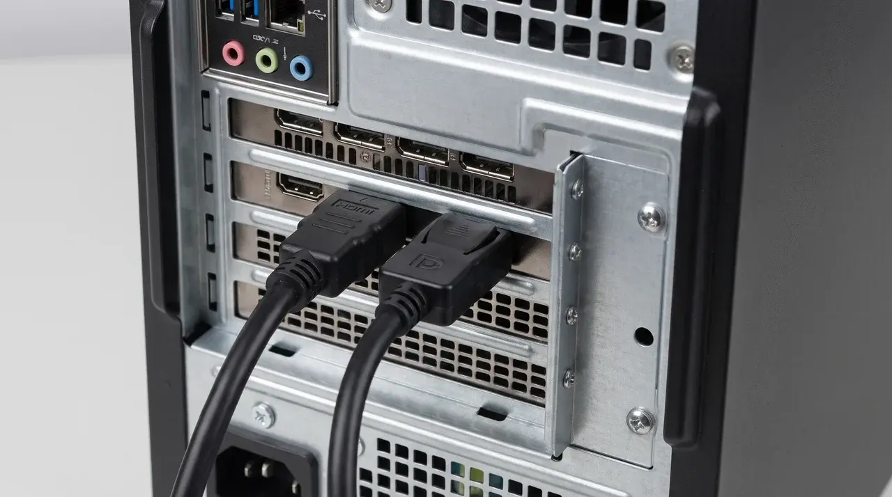 HDMI and DisplayPort connectors side by side on a desktop computer's rear port panel