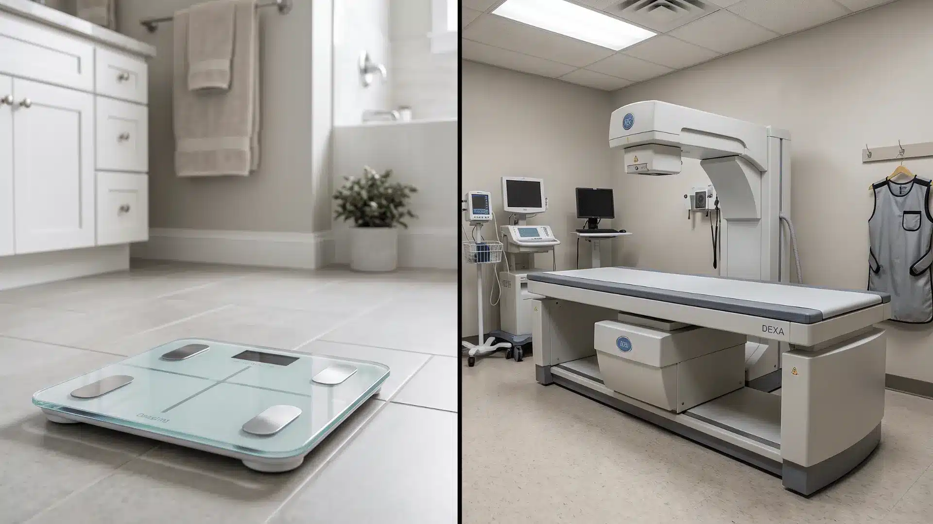 Home body composition scale beside a clinical DEXA scanner for comparing the two measurement methods.