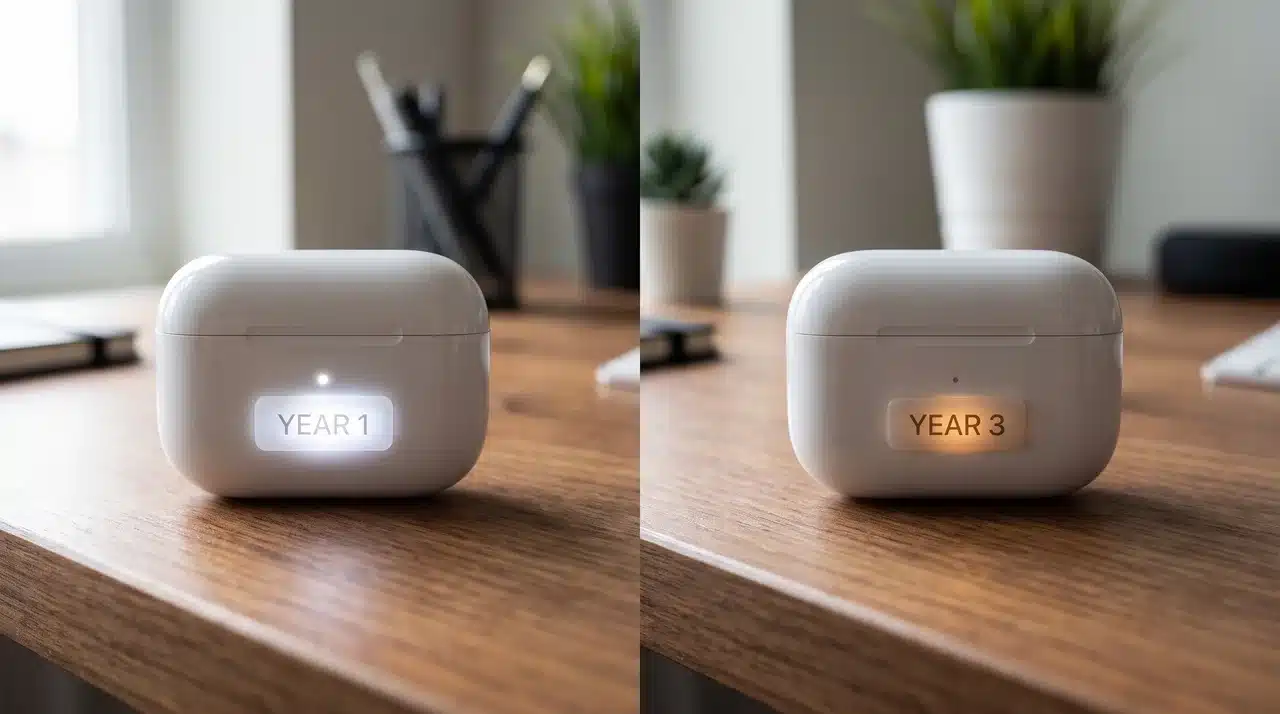 Two AirPods Pro cases showing battery capacity difference between year one and three.
