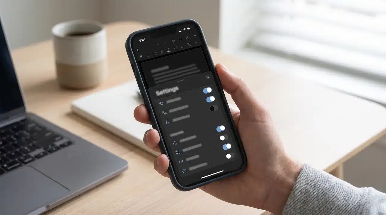 Smartphone displaying a dark document app theme setting