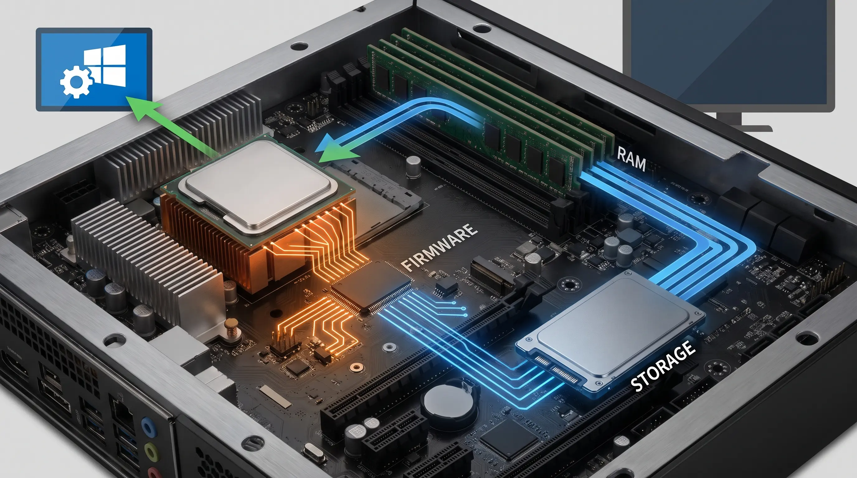 Computer hardware showing a bootloader moving operating system files from storage into RAM during startup.
