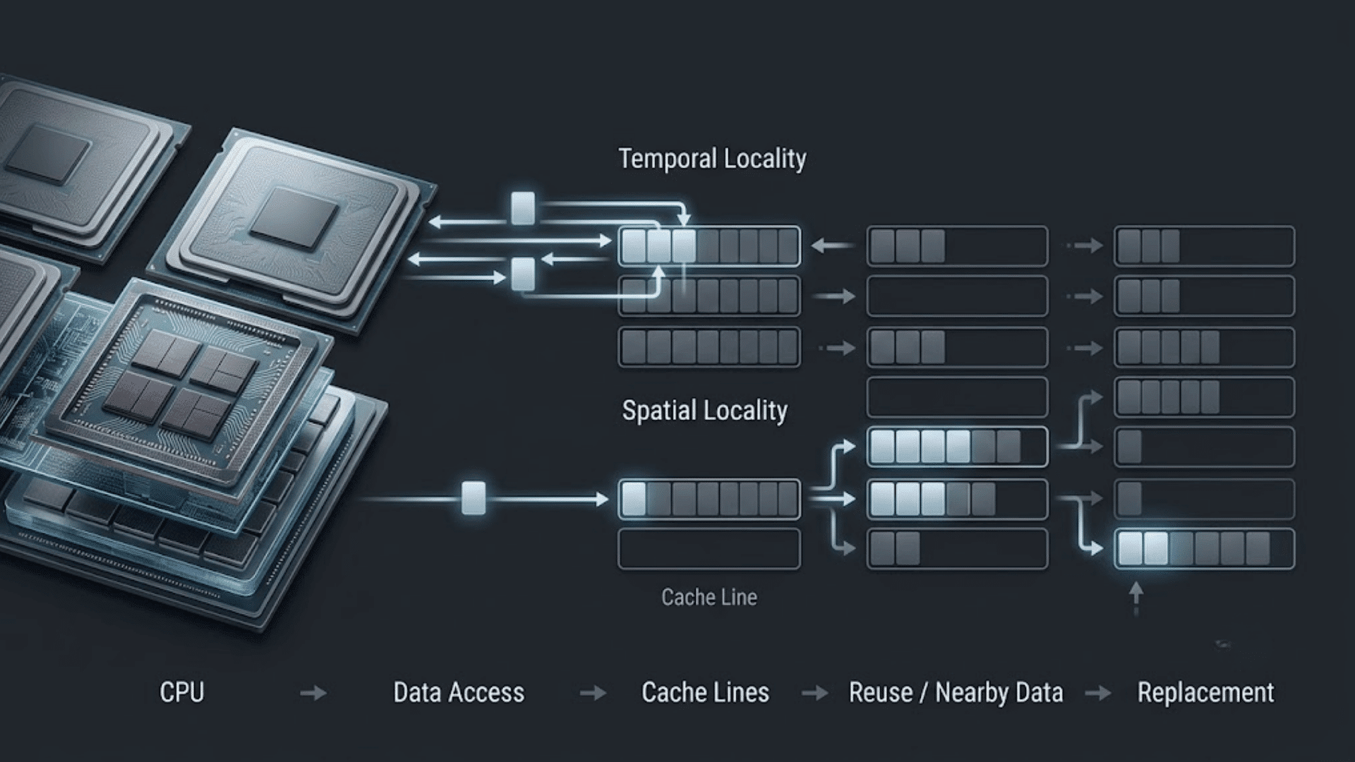 CPU cache infographic showing temporal locality, spatial locality, cache lines, and data replacement.