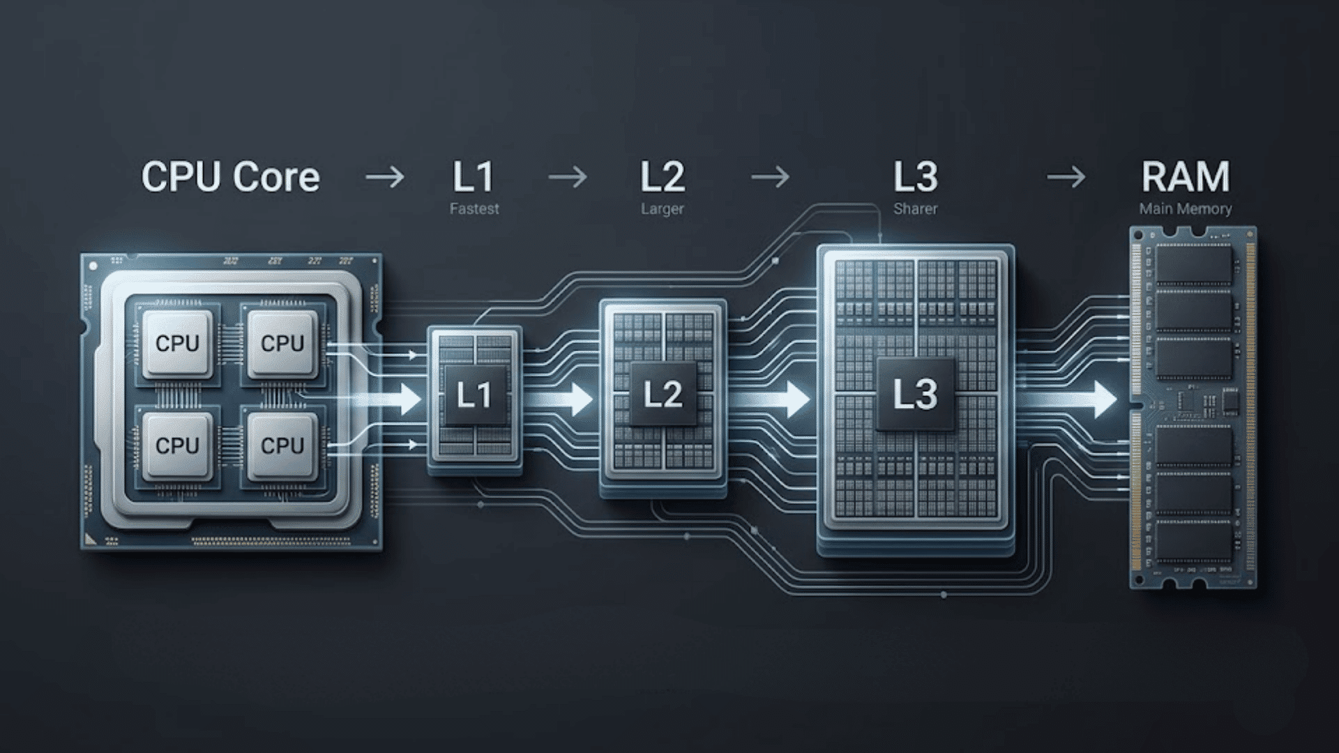 CPU cache infographic showing L1, L2, L3, and RAM in the processor memory hierarchy.