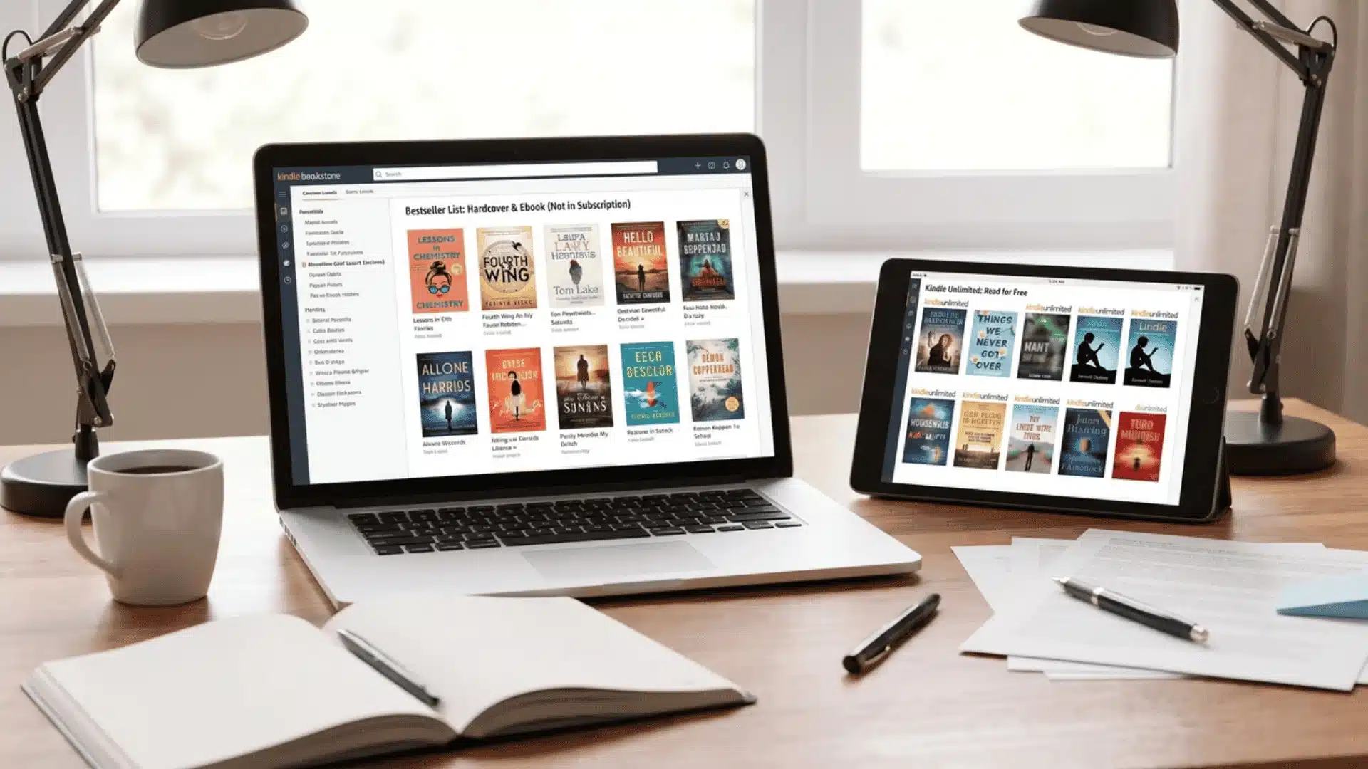 Laptop and tablet showing separate ebook collections on a workspace desk.