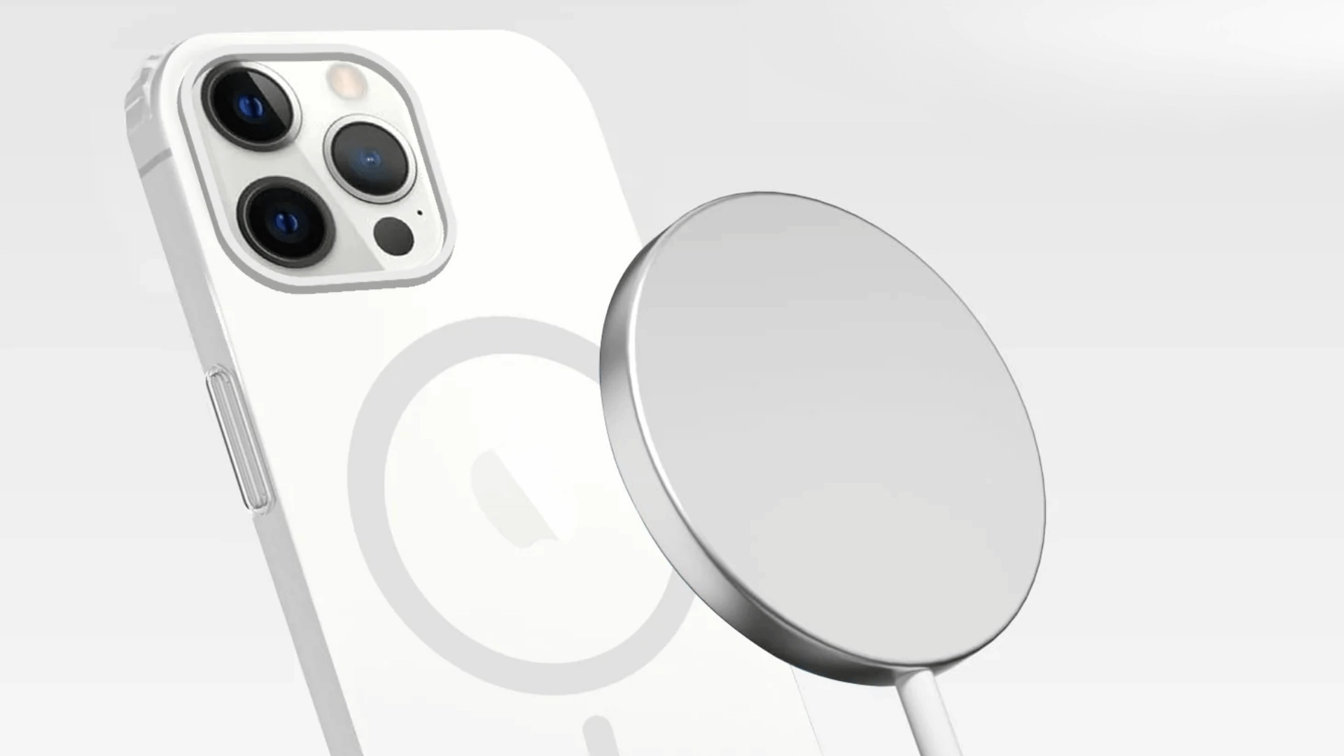 MagSafe charger positioned beside the magnetic ring on the back of a white iPhone case.