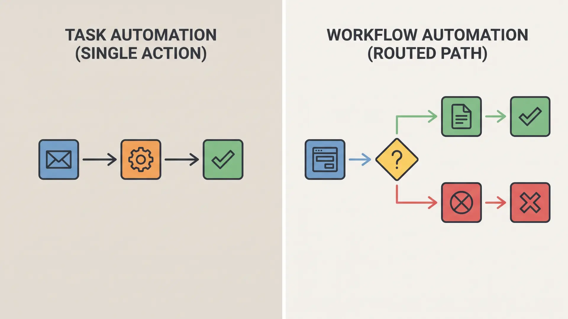 Diagram comparing single task automation with routed workflow automation