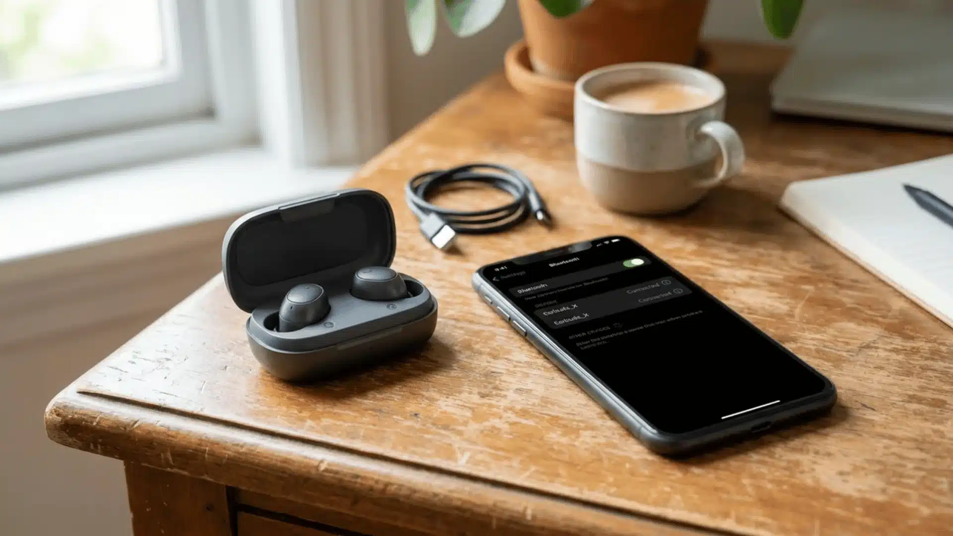 Wireless earbuds and smartphone placed together on a desk during use