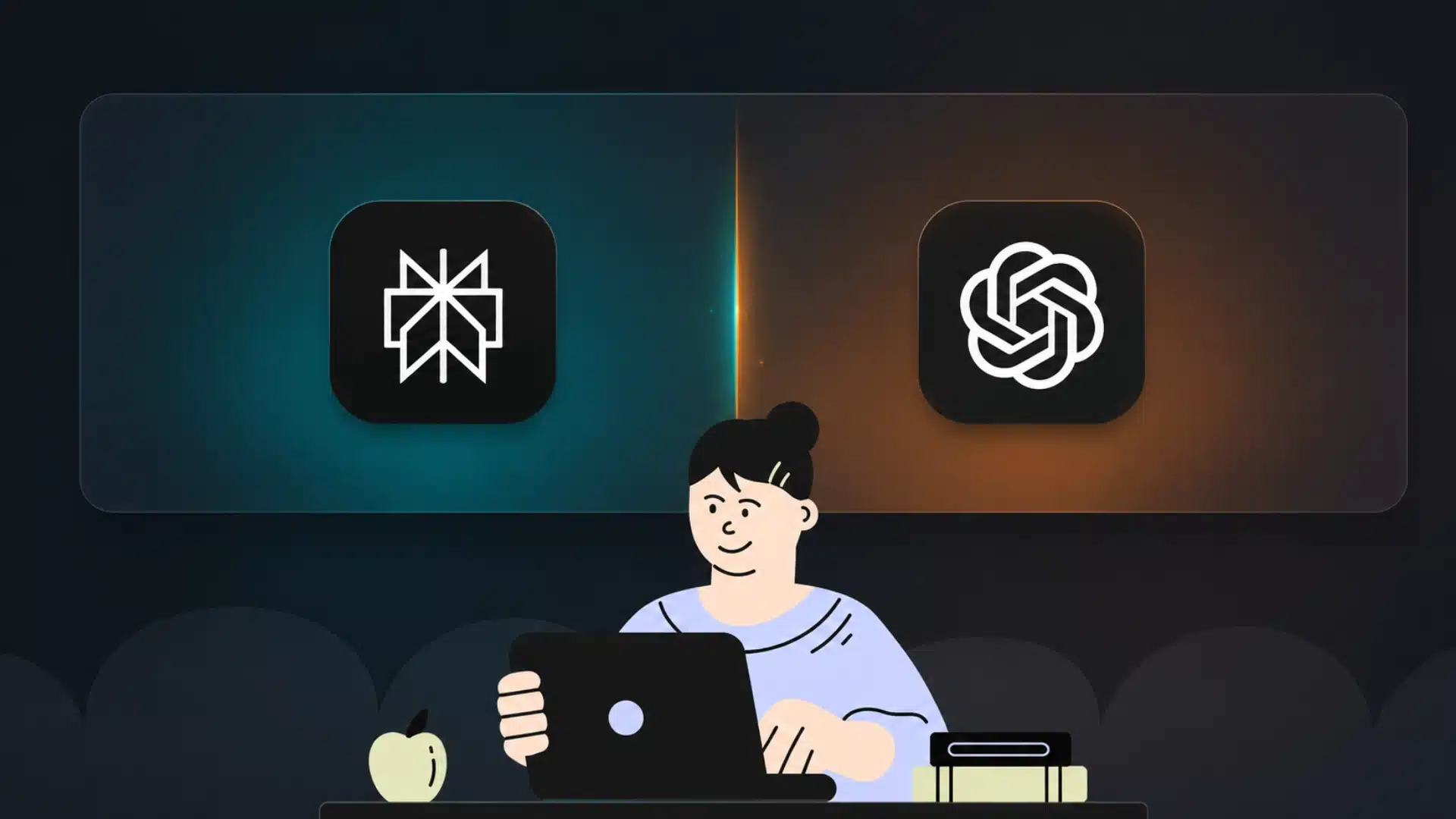 Woman using a laptop beneath Perplexity and ChatGPT icons on a dark split background