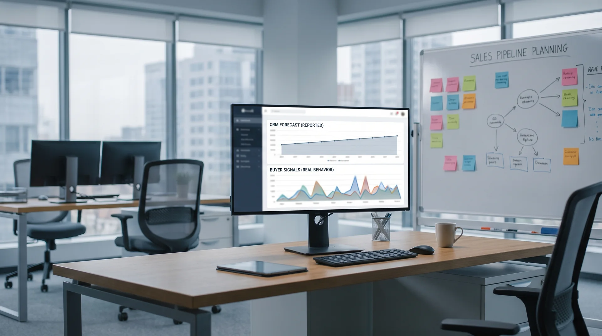 Sales forecasting system comparing CRM predictions with buyer engagement data.