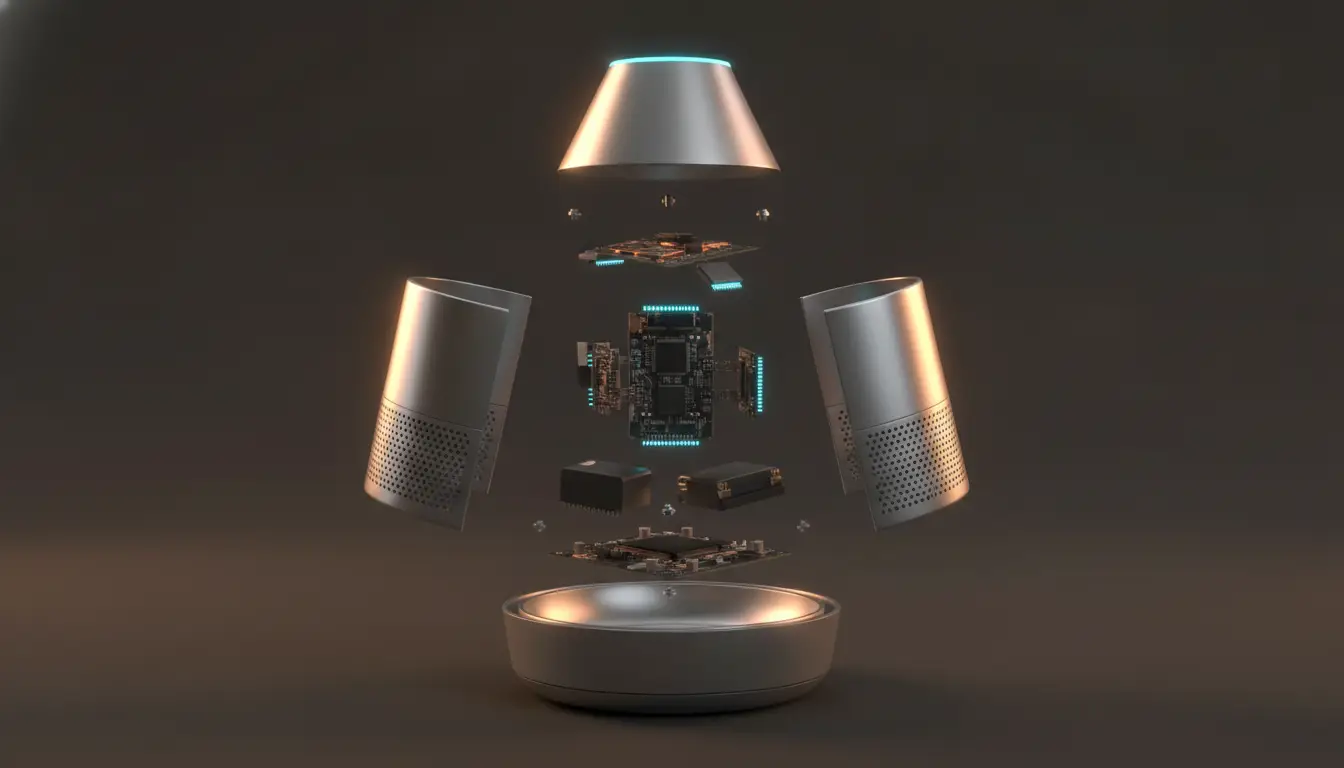 Exploded view of smart speaker components suspended in mid-air with dark background