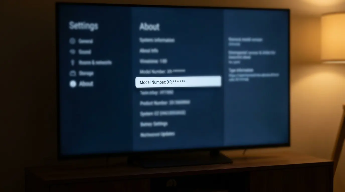 TV settings menu showing model number under the About section