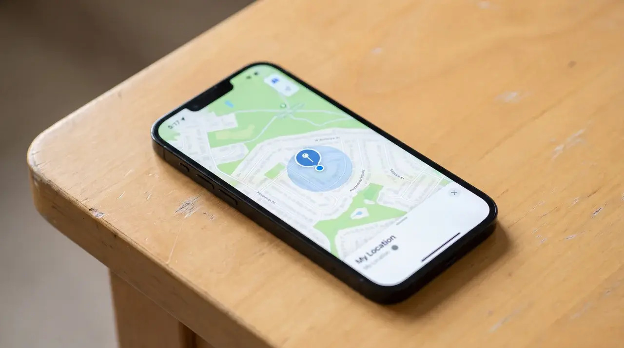 iPhone screen showing Find My app with a device location marker