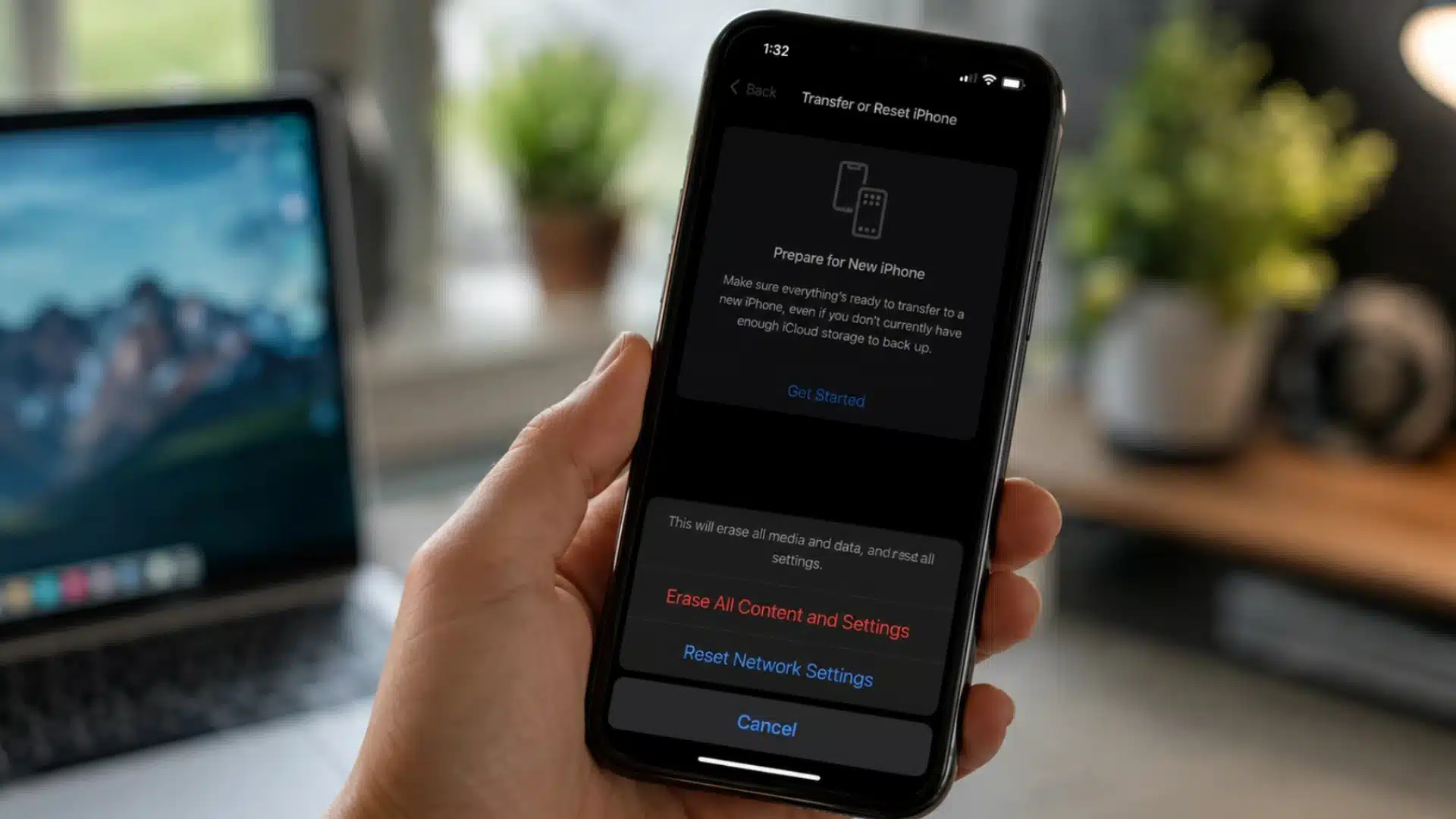 iPhone showing erase all content and settings menu during a factory reset process