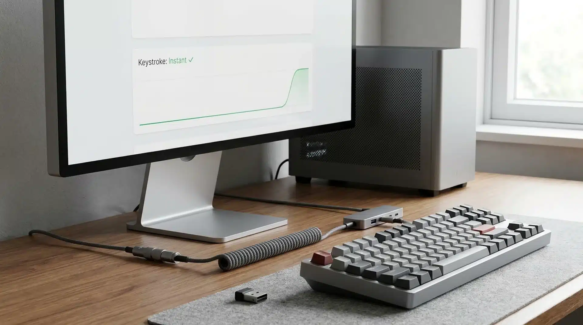 Realistic desktop keyboard and computer setup showing a troubleshooting scene for fixing keyboard delay.