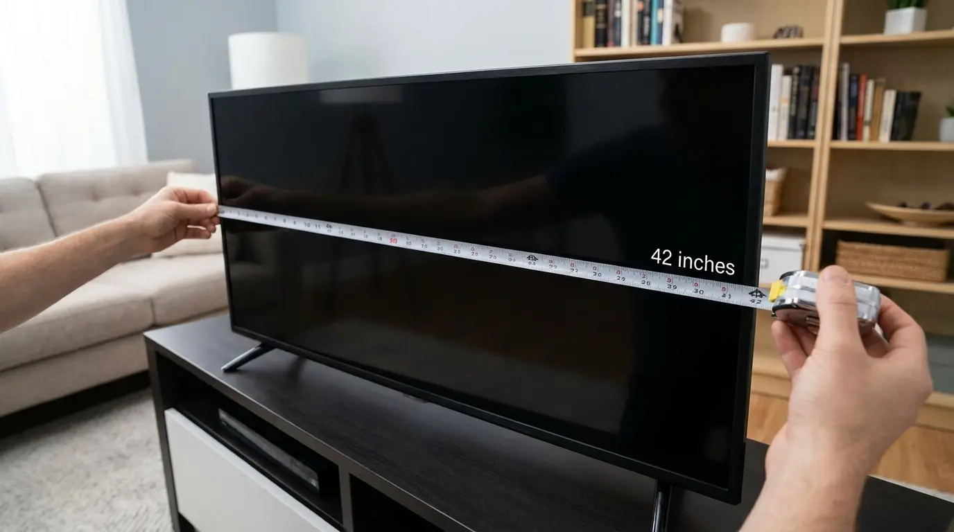 Tape measure across the width and height of a flat-screen TV on a stand
