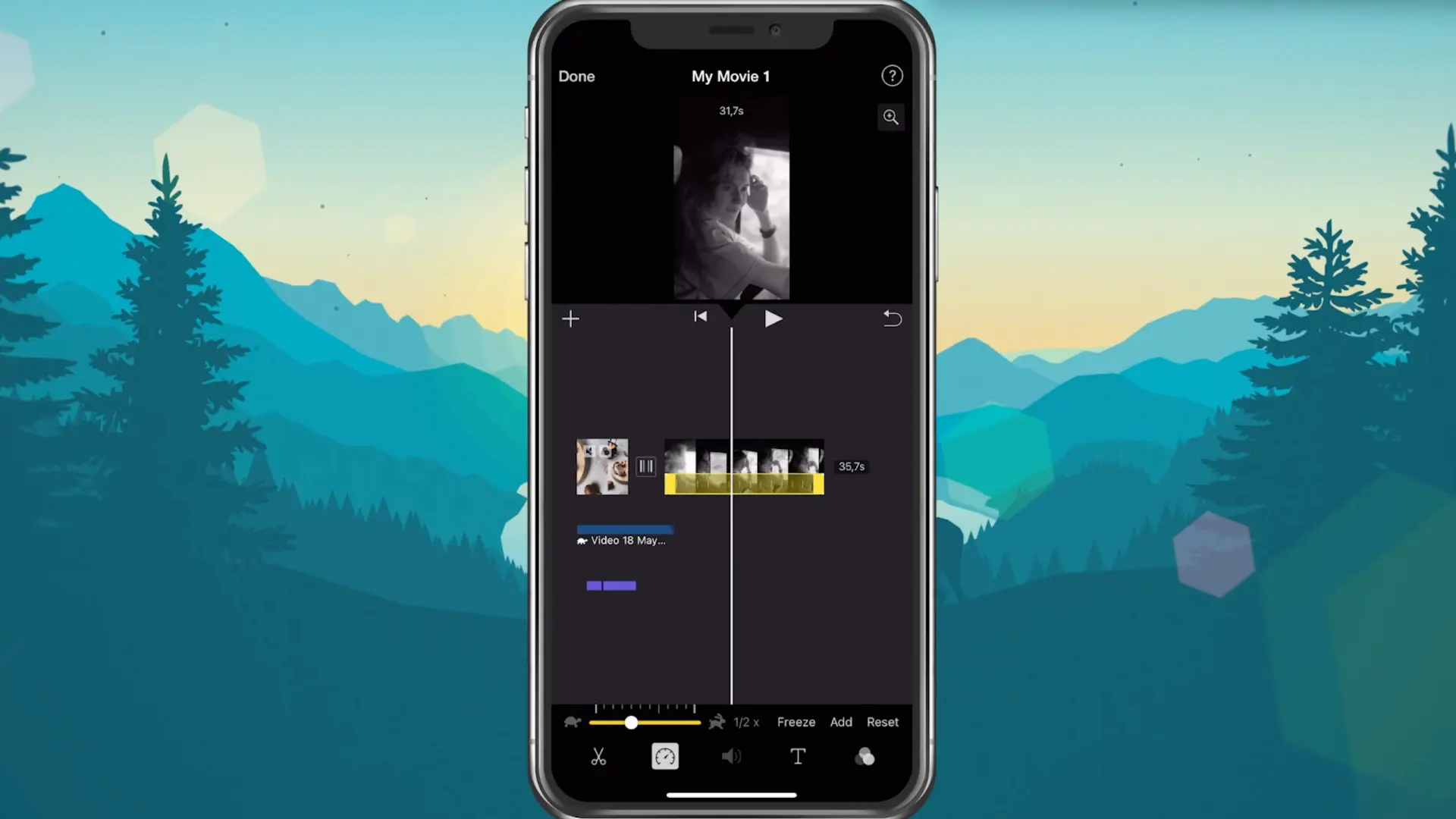 An iPhone displaying the iMovie app editing interface with a video speed adjustment slider, set against a graphic background.