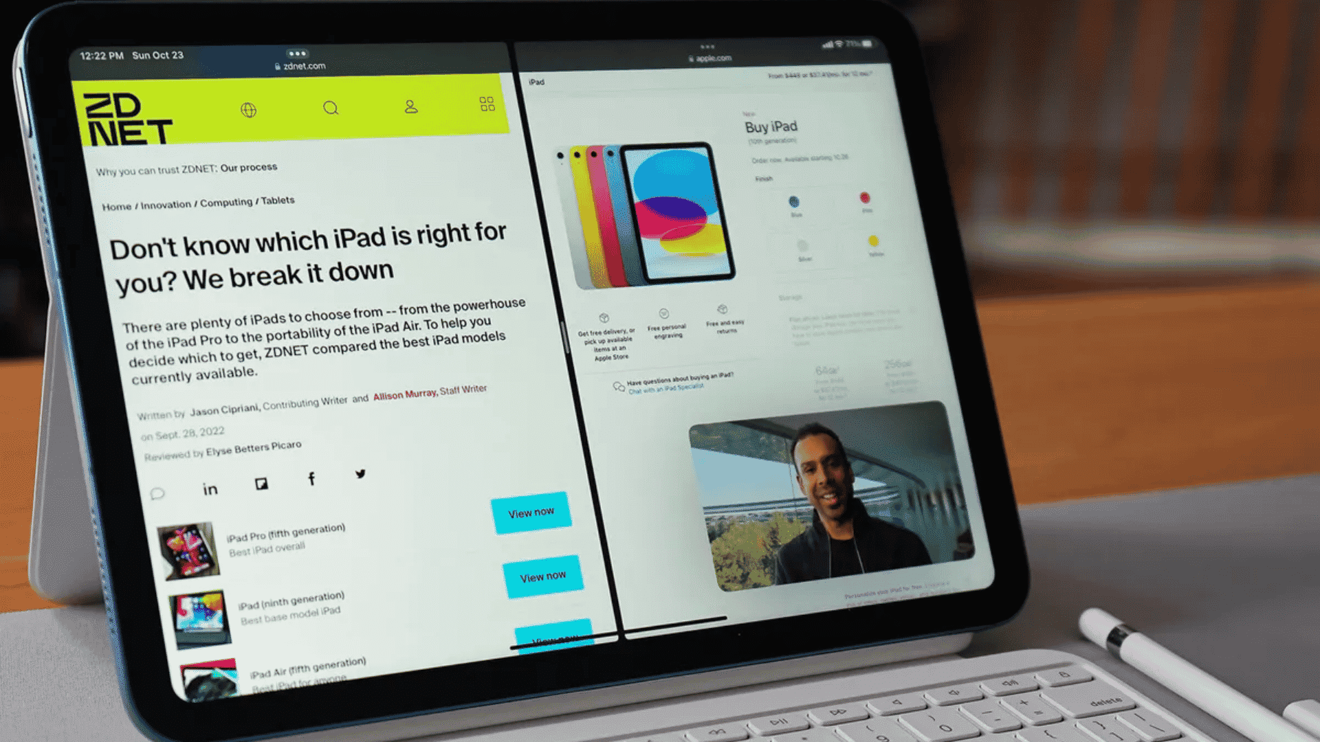 iPad screen using Split View to show a ZDNET article on the left and the Apple Store website on the right.