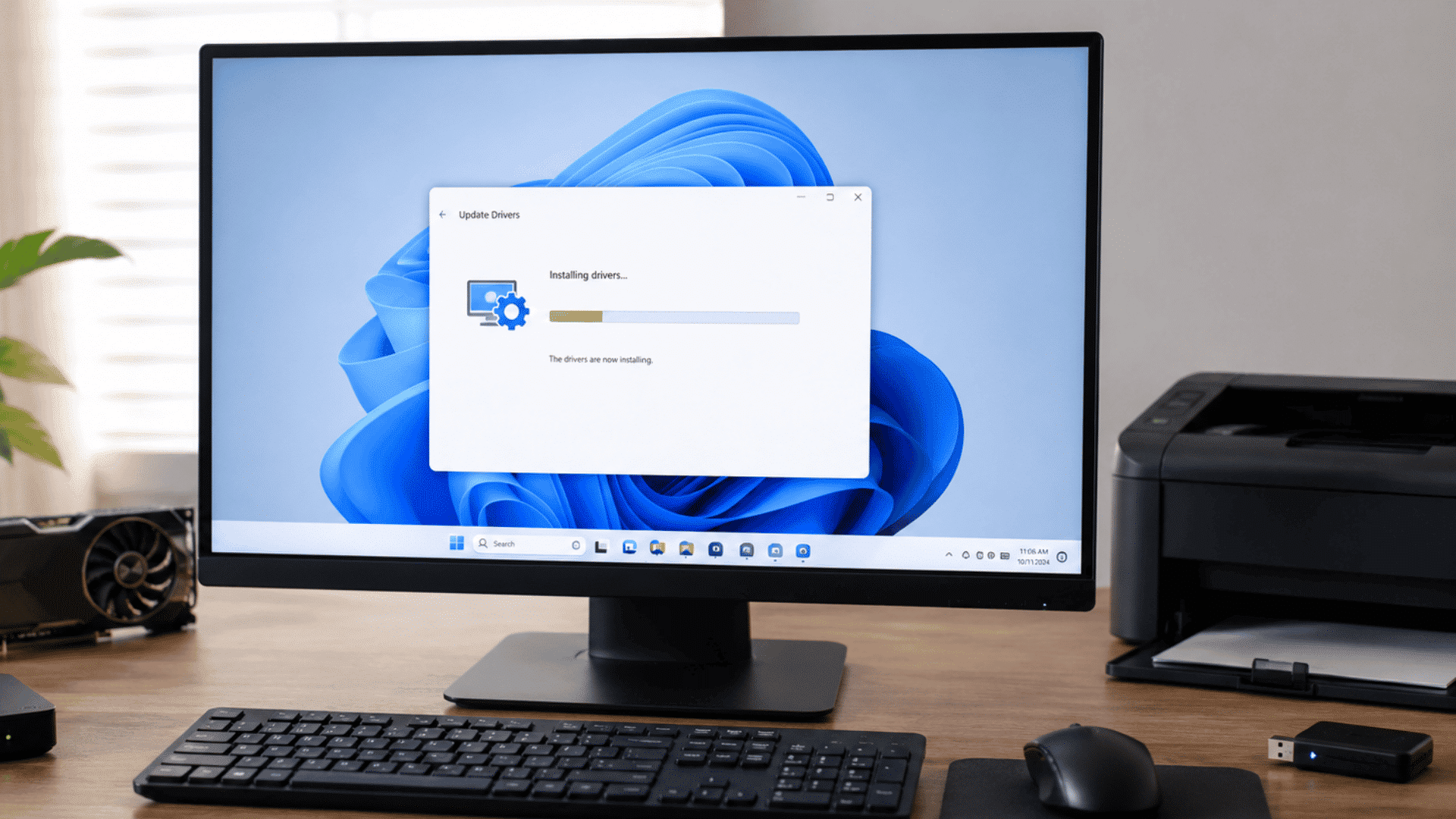Computer monitor displaying an "Update Drivers" window with a progress bar showing "Installing drivers..." in Windows.
