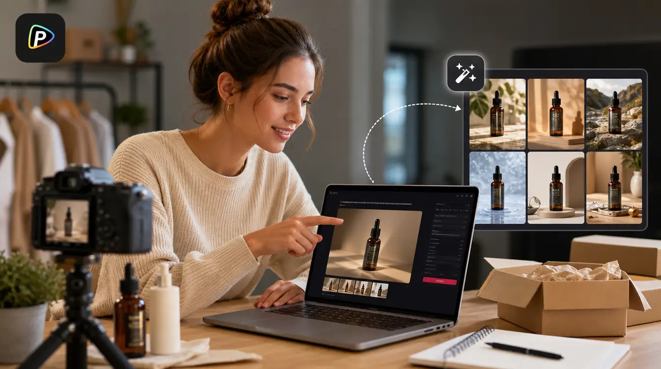 Woman editing product photos on laptop in cozy home office with camera setup nearby
