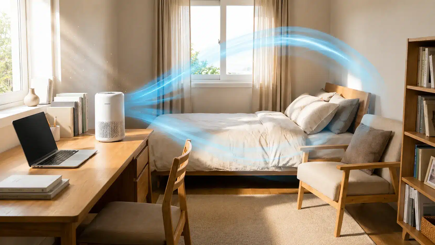 Coway airmega air purifier cleaning air in a cozy bedroom home office with visible airflow
