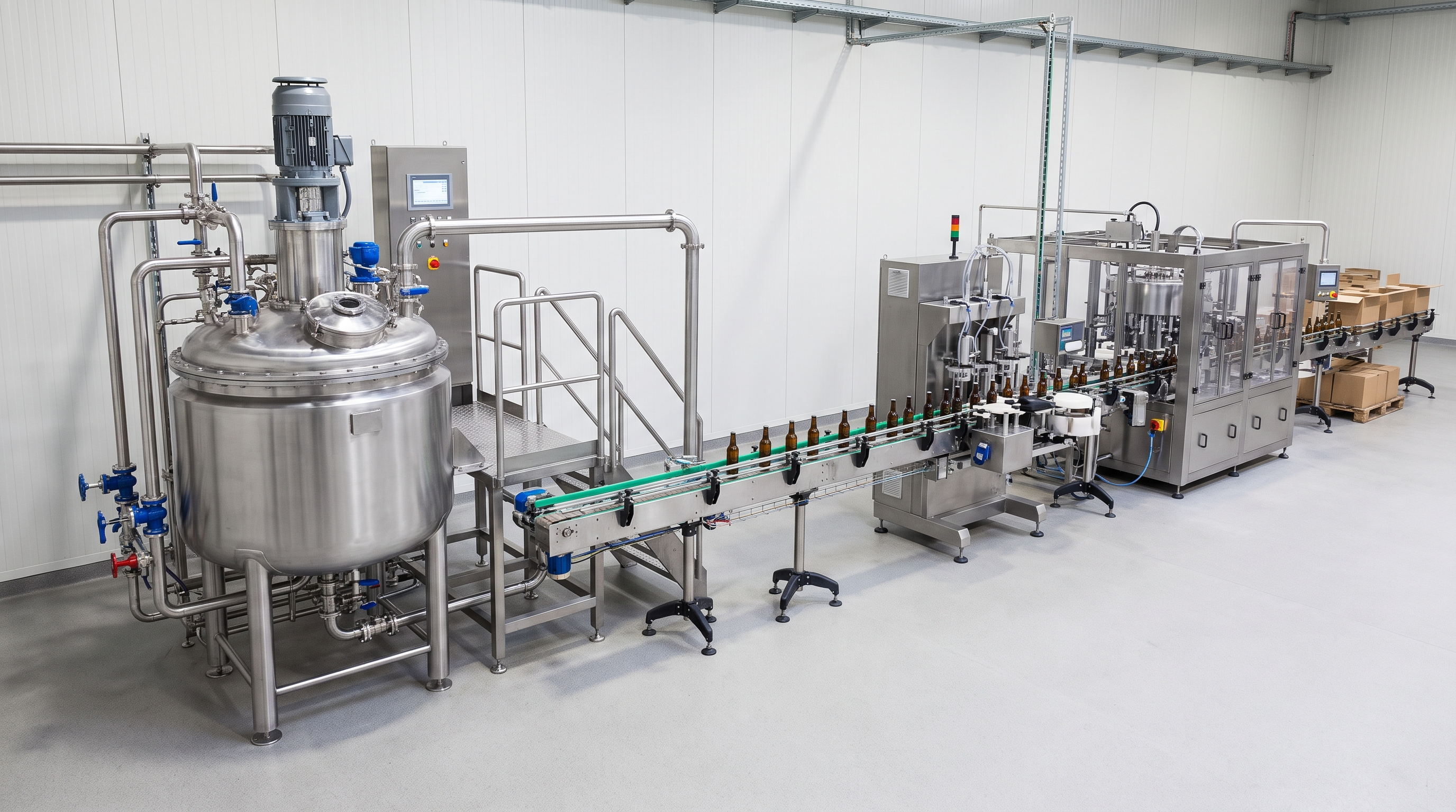 Batch mixing tank connected to an automated bottle filling, labeling, and packaging line.