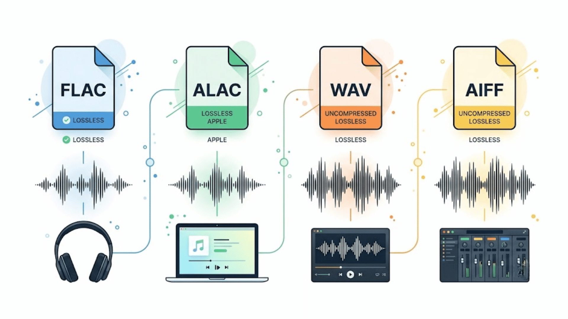 Illustration showing FLAC, ALAC, WAV, and AIFF lossless audio formats with headphones and audio waveforms.