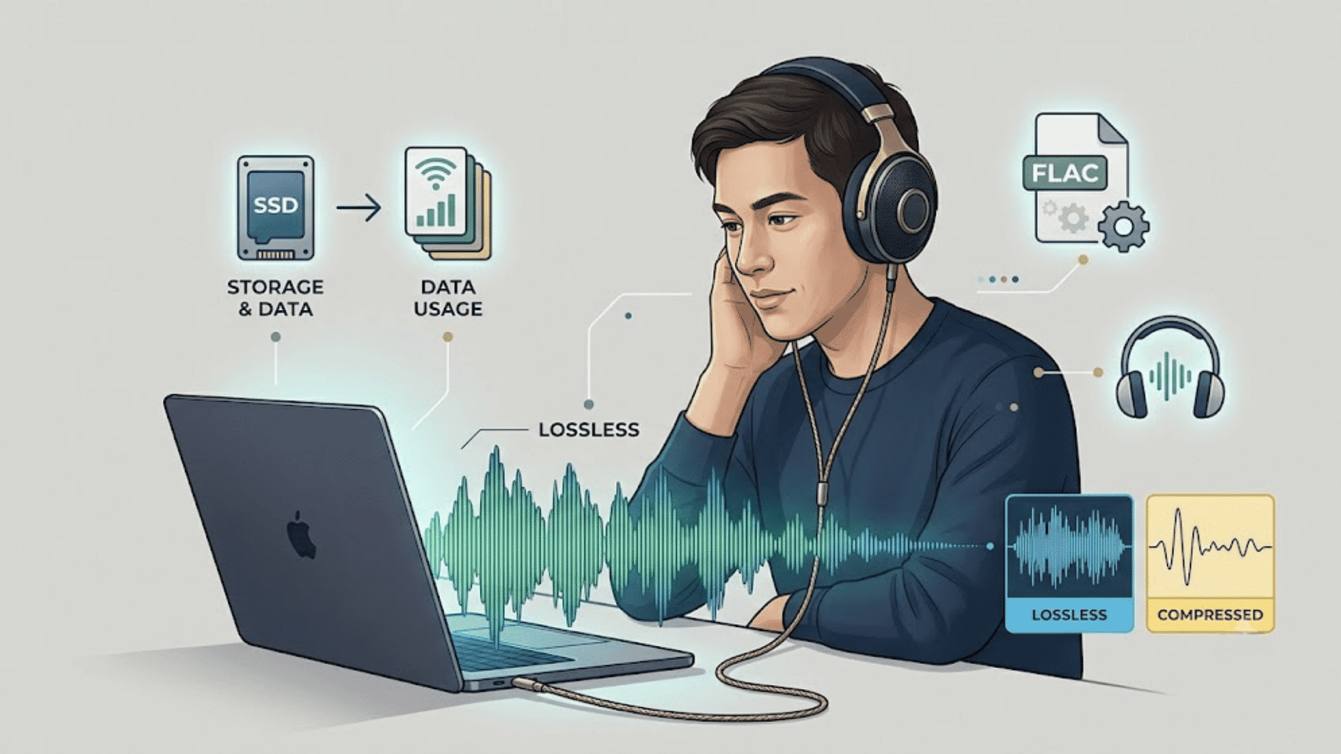 Illustration showing whether lossless audio is worth using with headphones, storage, streaming data, and audio quality.