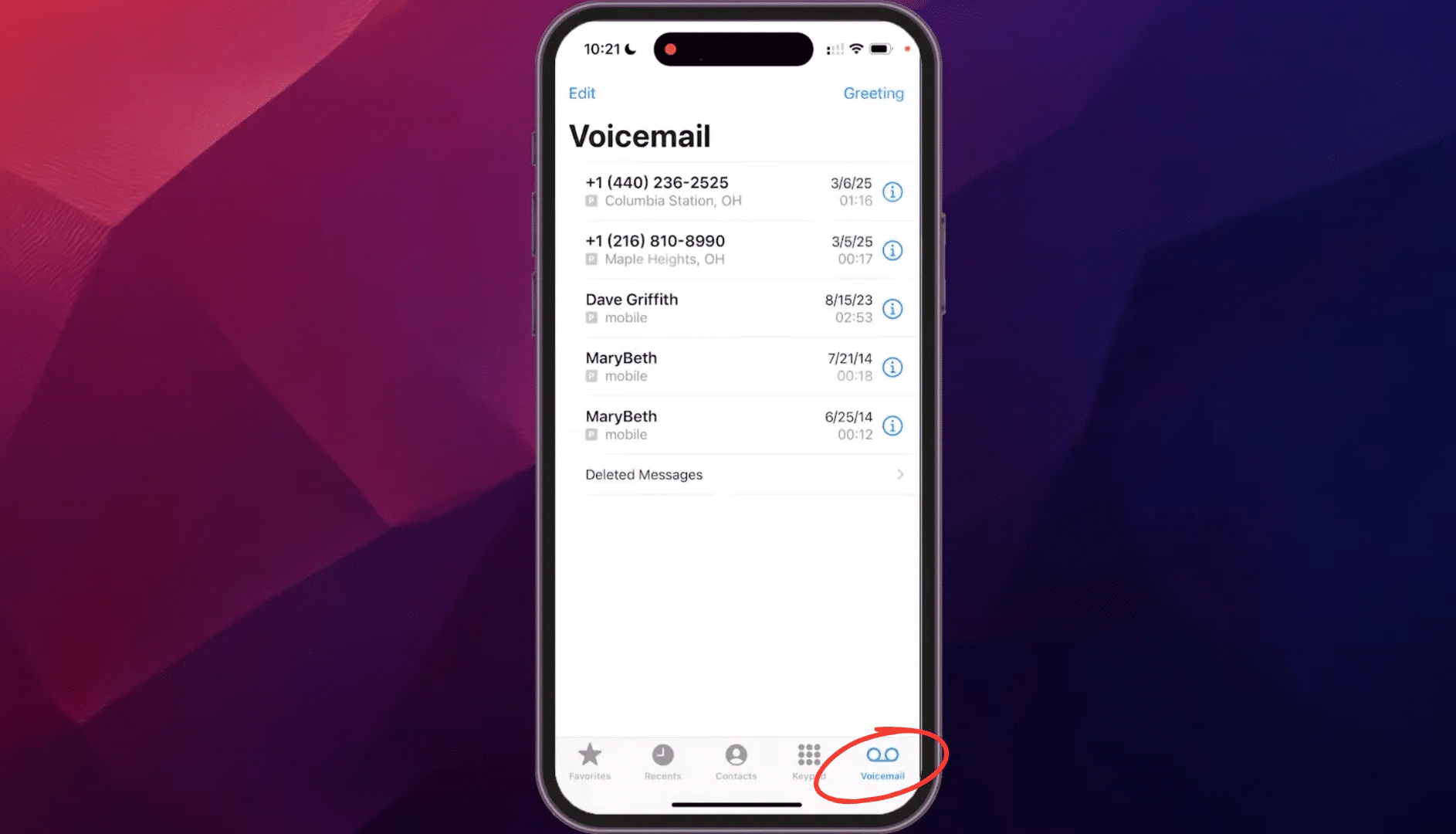 iPhone Phone app showing the Voicemail tab selected at the bottom of the screen