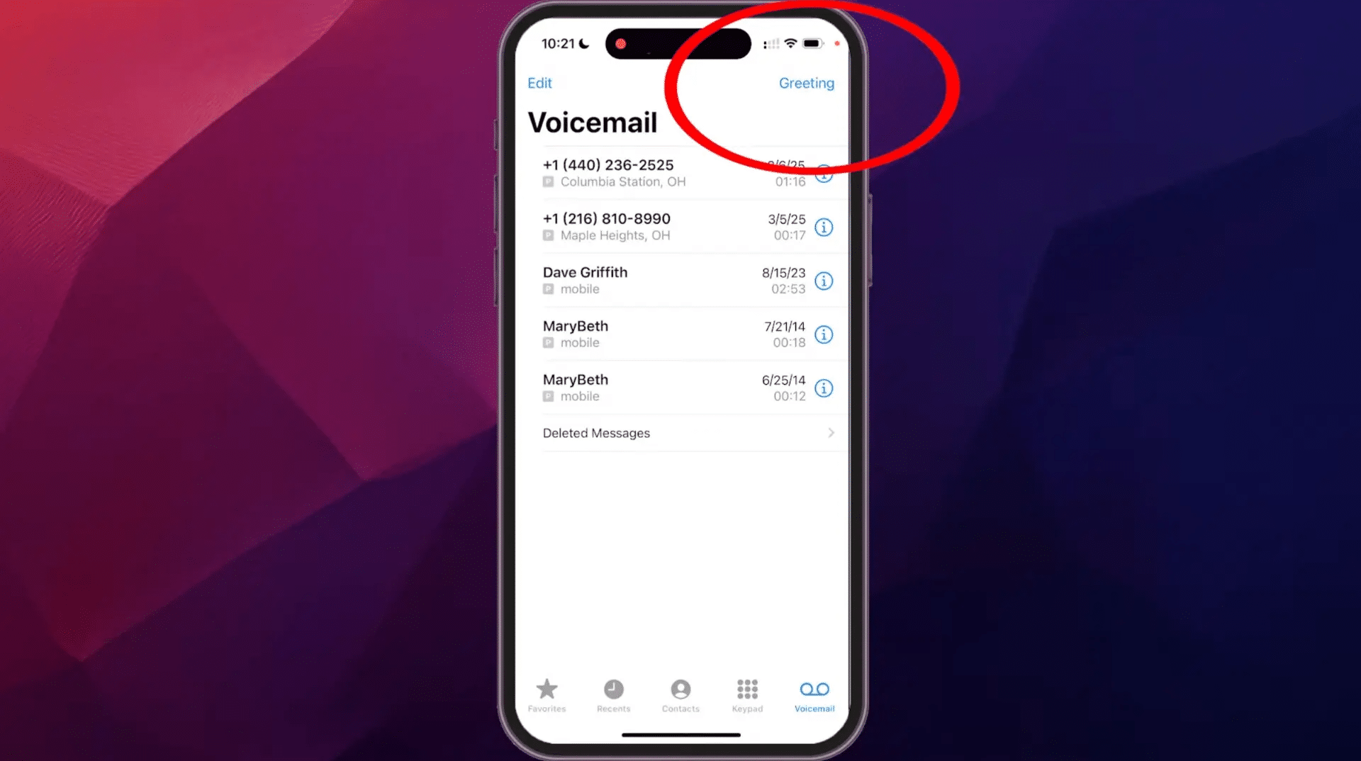 iPhone voicemail screen showing the Greeting option at the top right