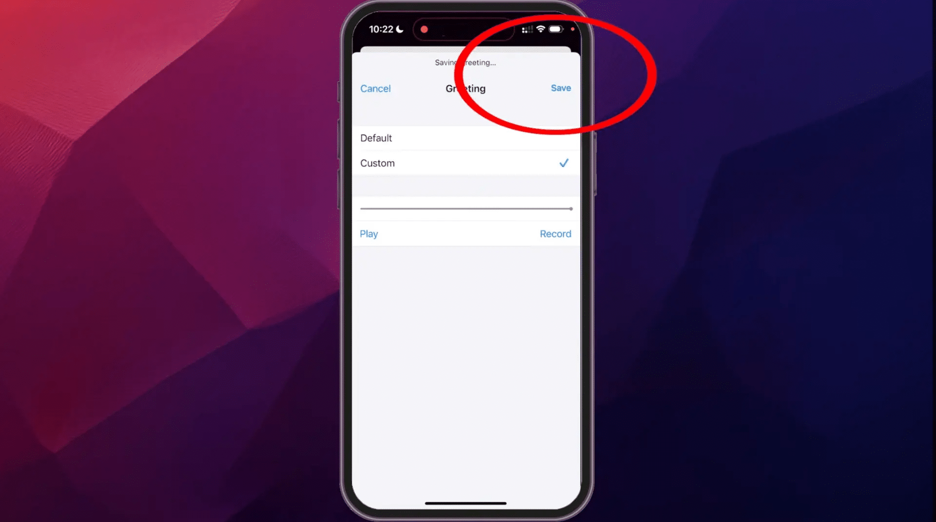 iPhone voicemail greeting screen showing the Save option after recording a custom message