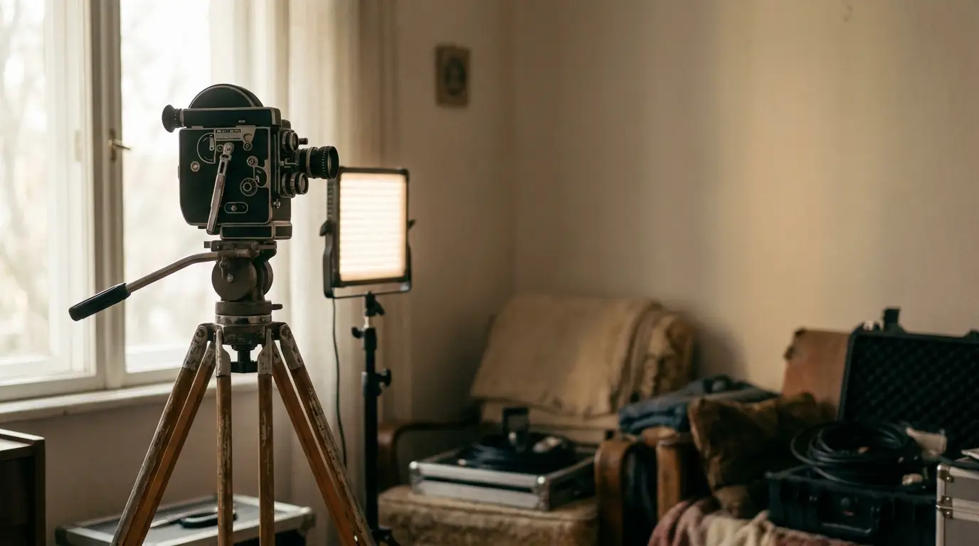 Vintage film camera on tripod in dimly lit room with studio light and equipment cases