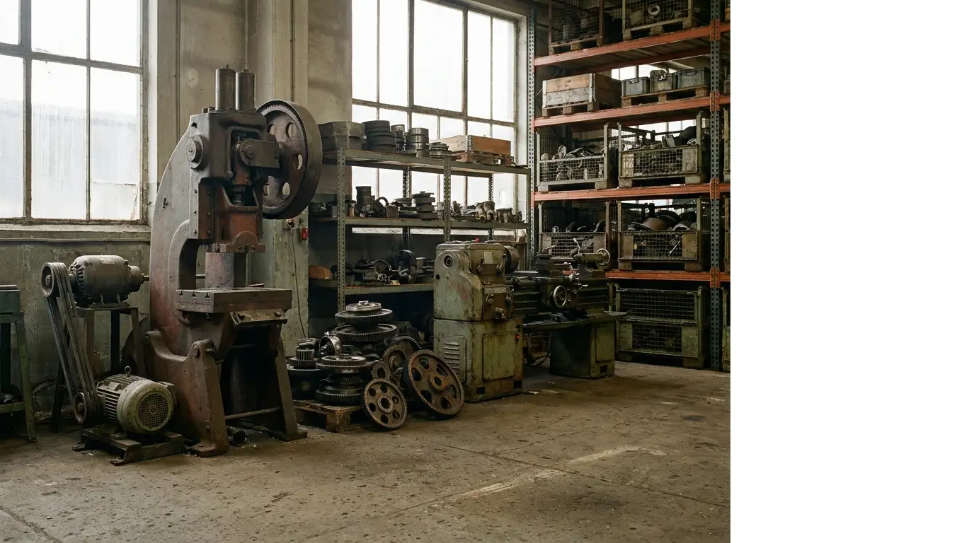 Industrial workshop with large metal machinery and shelves filled with mechanical parts