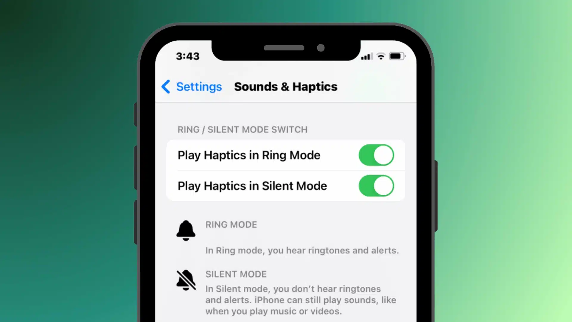 iPhone Sounds & Haptics menu showing ringtone volume slider and alert settings.
