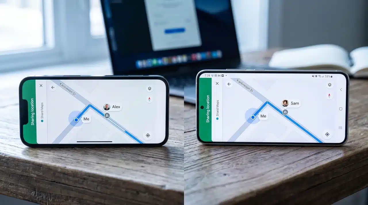 : iPhone and Android phones sharing location together using Google Maps.
