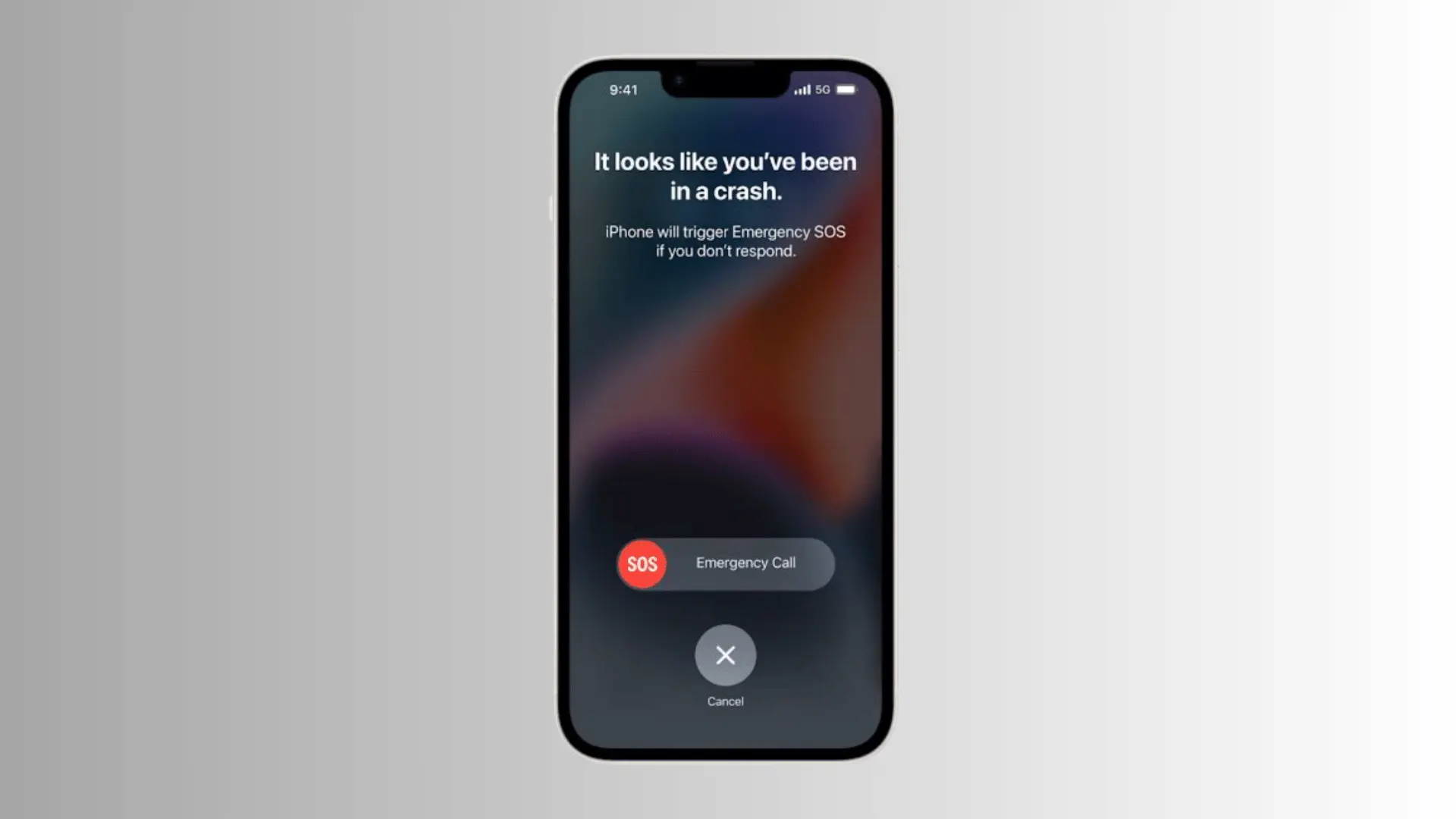 iPhone screen showing the Emergency SOS slider after detecting a possible crash.