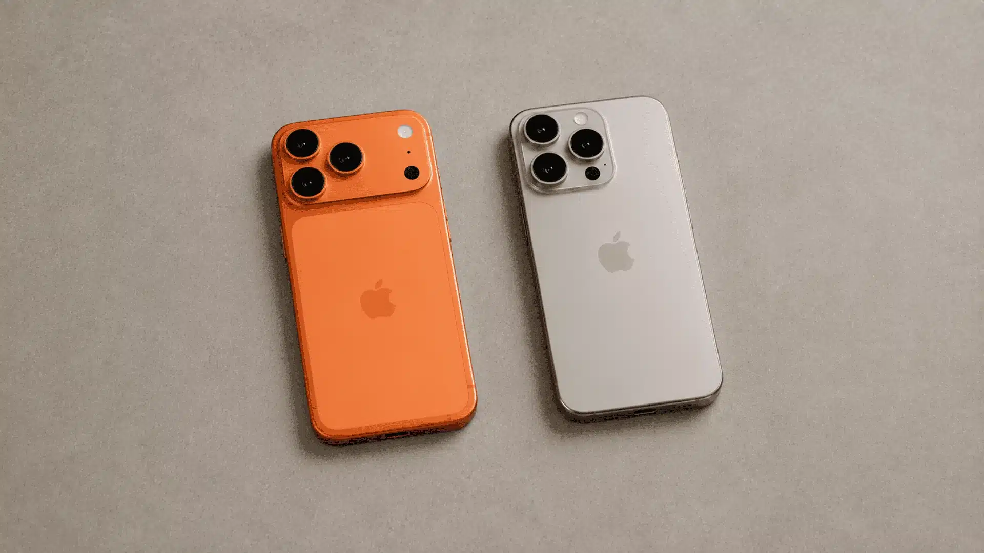 Two smartphones showing rear camera systems side by side show iphone 17 pro vs iphone 16 pro