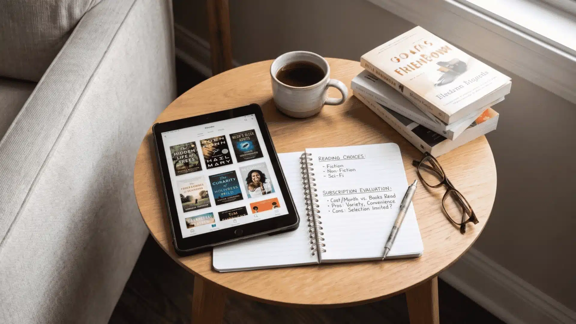Tablet with ebooks beside a notebook showing reading choices and subscription notes.