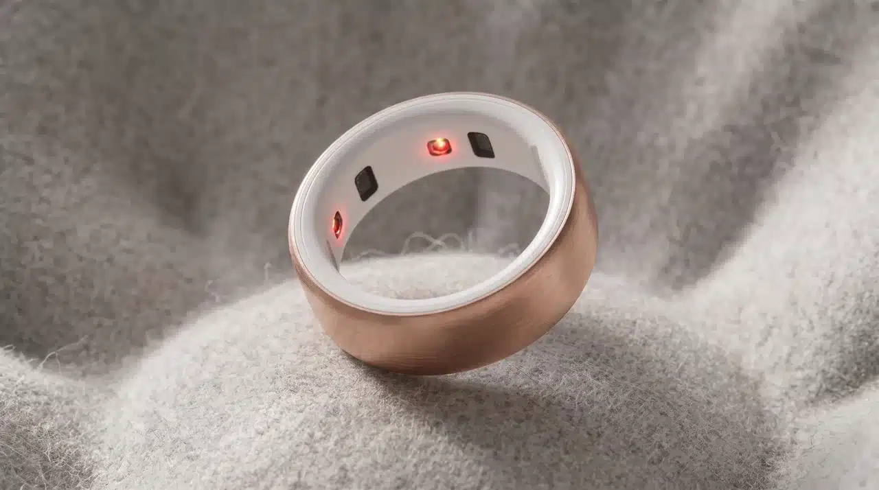 Rose gold smart ring with glowing sensors resting on a soft fabric surface.