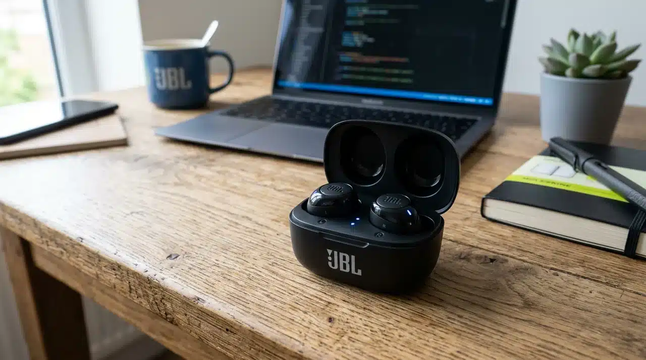 JBL Tune Buds 2 wireless earbuds in an open charging case on a wooden desk beside a laptop.