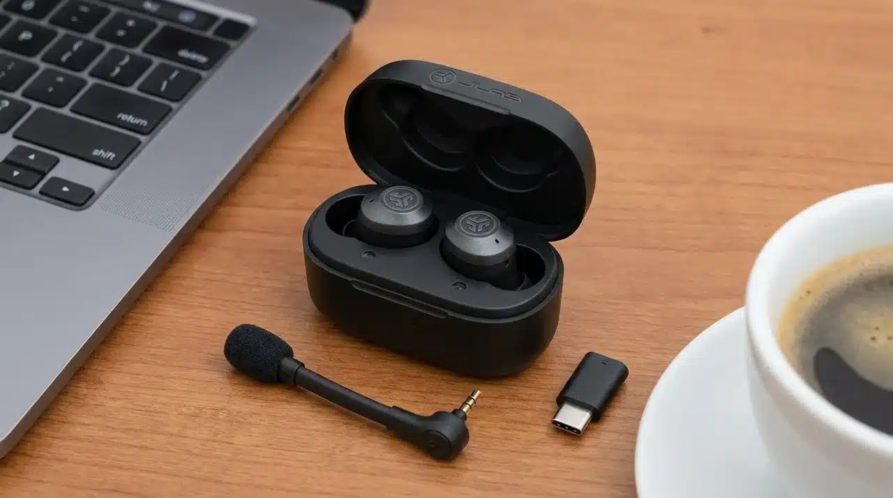 JLab Work Buds in an open charging case beside a detachable boom mic, laptop, and coffee cup.