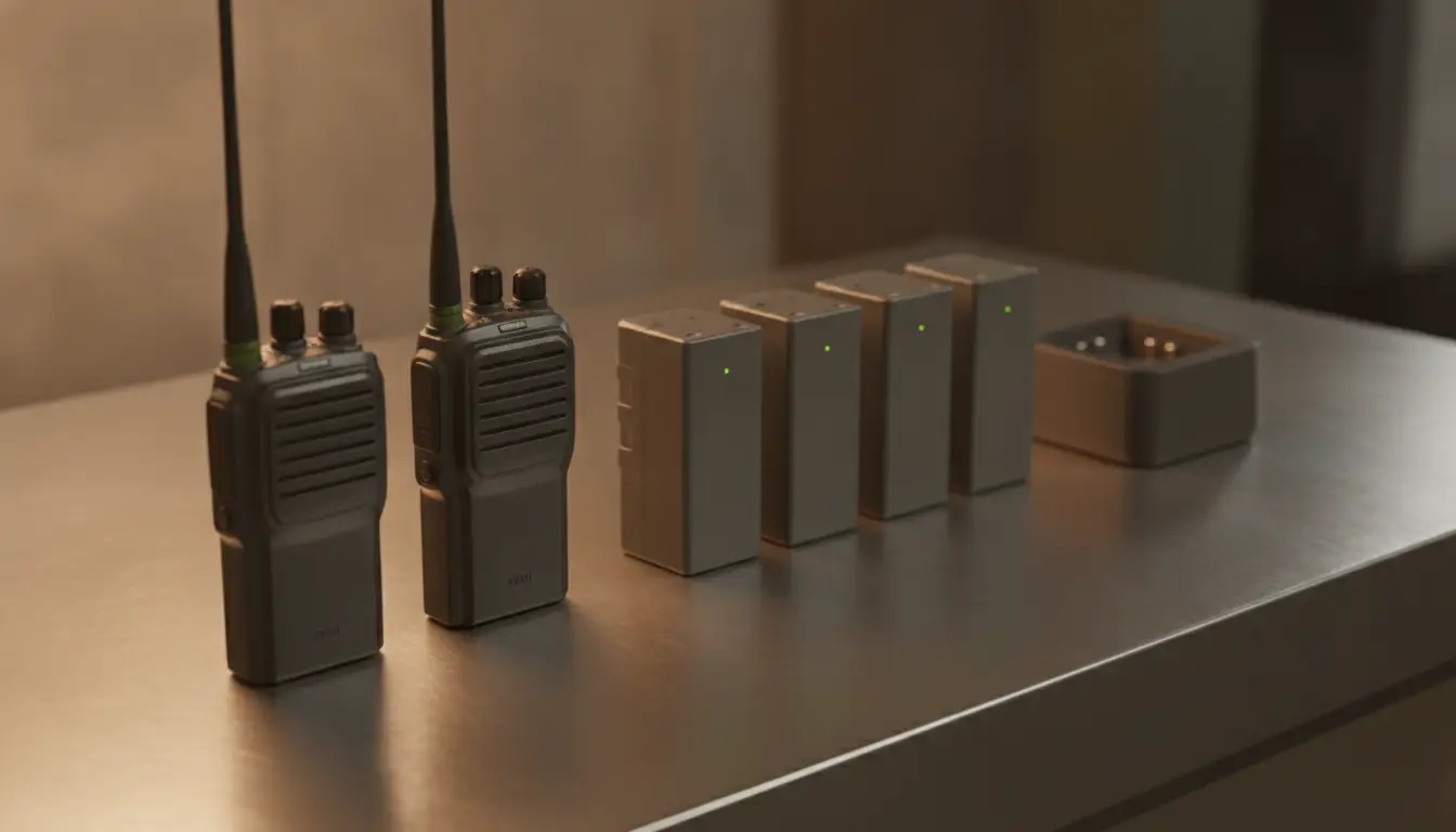 Two walkie-talkies and multiple battery packs on metallic surface in warm lighting