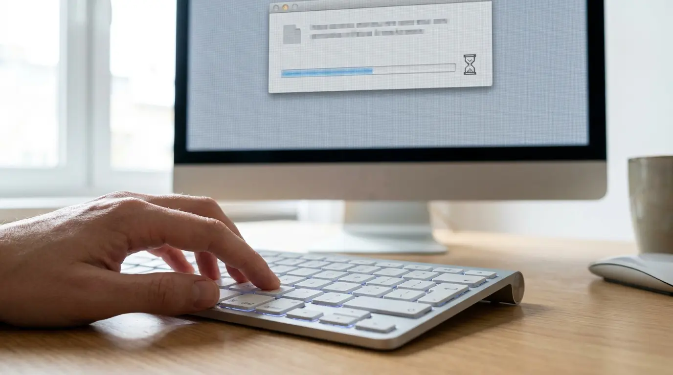 Hand pressing keyboard shortcut on Mac to force quit a frozen app, with a loading dialog box shown on the screen.